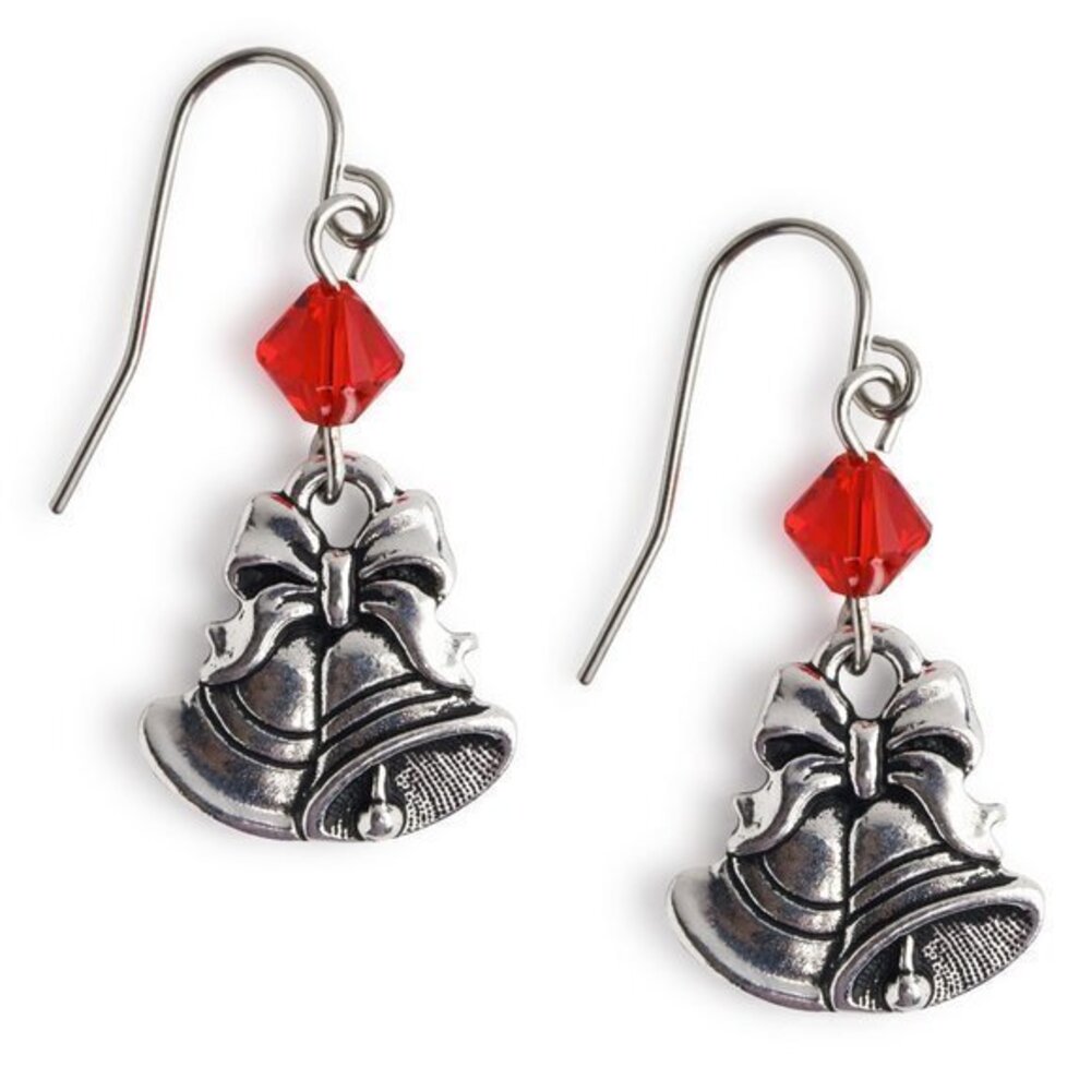 Christmas Bell Earrings with Red Austrian Crystals Womens Girls Handmade in USA